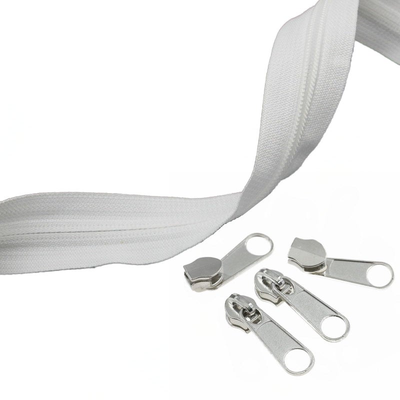 Leekayer #5 White Nylon Coil Zippers by The Yard Bulk 10 Yards with 25pcs Silver Sliders for DIY Sewing Tailor Craft Bag(White) - Image 3